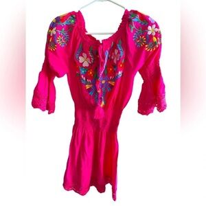 Mexican Embroidered Pink Elastic Waist 3/4 Sleeves Crochet Cotton Mini Dress S/M